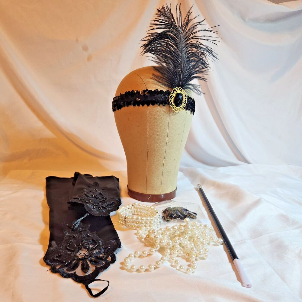 8 Pc 1920s Flapper Great Gatsby Costume Accessories Set Black Halloween